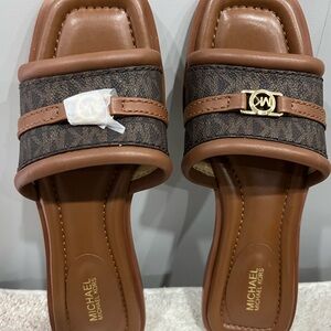 Michael Kors Brown and Tan Slide Sandals